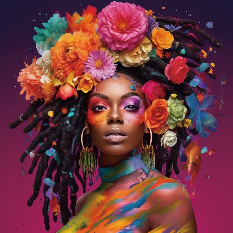 Glasschilderij kleurrijke vrouw en bloemen 80x80 cm