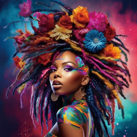 Glasschilderij kleurrijke vrouw en bloemen zij aanzicht 80x80 cm