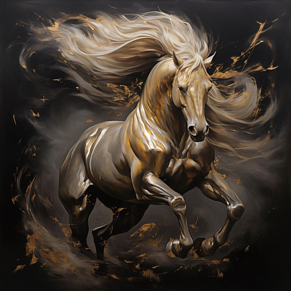 Glasschilderij Wit paard gouden accenten 80x80 cm