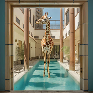 Glasschilderij Giraffe in zwembad 80x80 cm