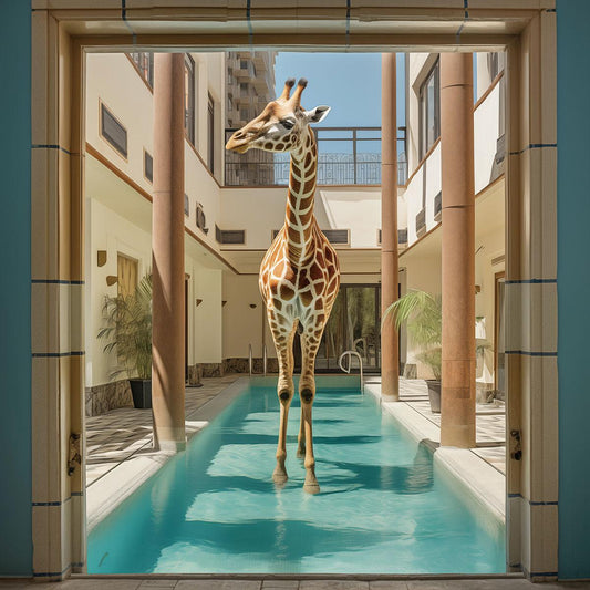 Glasschilderij Giraffe in zwembad 80x80 cm van Ter Halle
