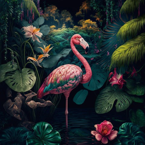 Glasschilderij kleurrijke flamingo/jungle rechts 80x80 cm
