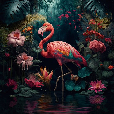 Glasschilderij kleurrijke flamingo/jungle links 80x80 cm