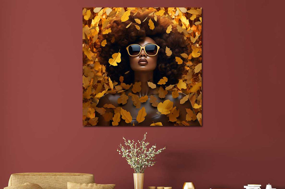 Glasschilderij vrouw in gouden bladeren met zonnebril 80x80 cm