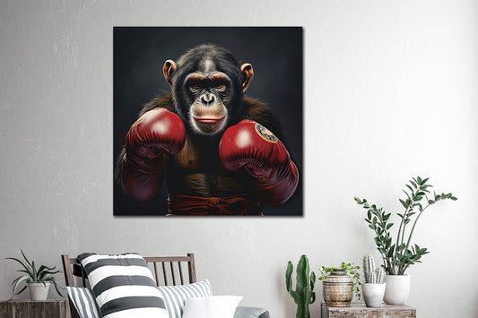 Glasschilderij Aap met bokshandschoenen 80x80 cm (Magazijn sale)