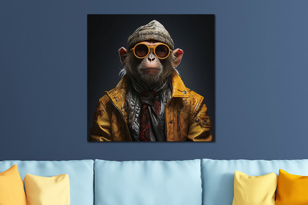 Glasschilderij Aap in kleding 80x80 cm