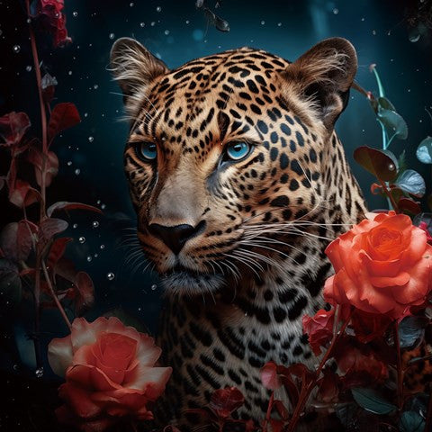 Glasschilderij Luipaard/panter met rozen 80x80 cm van Ter Halle