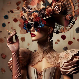 Glasschilderij Vrouw/rozen/zonnebril 80x80 cm