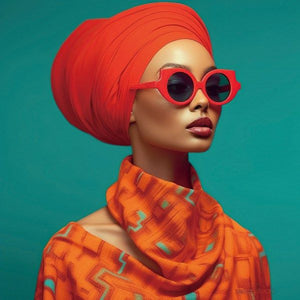 Glasschilderij Vrouw rode hoofddoek en zonnebril 80x80 cm