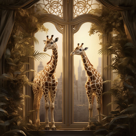Glasschilderij Giraffen in het raam 80x80 cm