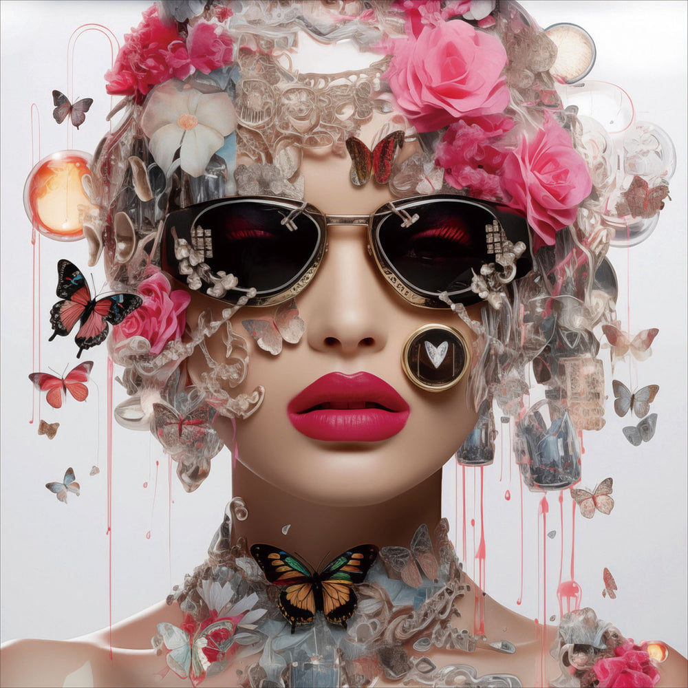 Glasschilderij Vrouw met roze bloemen en vlinders 80x80 cm