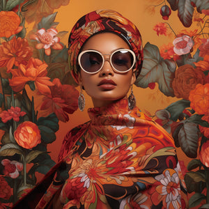 Glasschilderij Vrouw in het oranje met bloemen 80x80 cm