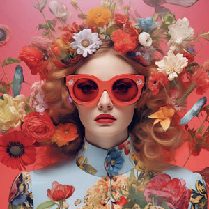 Glasschilderij Vrouw in het blauw met bloemen 80x80 cm