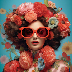 Glasschilderij  Vrouw met rode bril en bloemen 80x80 cm