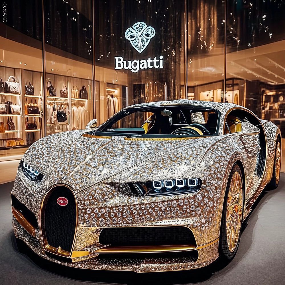 Glasschilderij Zilveren Bugatti auto 80x80 cm