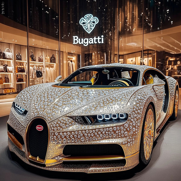 Glasschilderij Zilveren Bugatti auto 80x80 cm