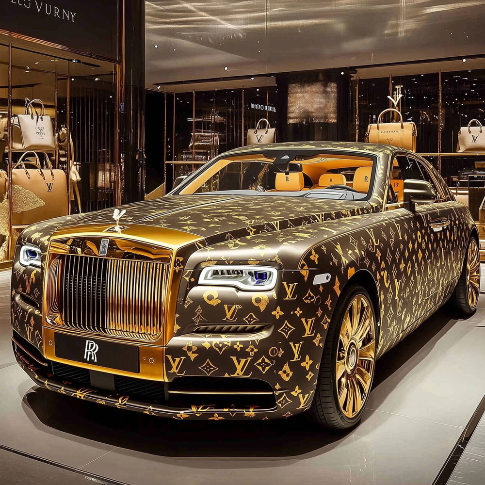 Glasschilderij Goud/zwarte fashion auto LV 80x80 cm