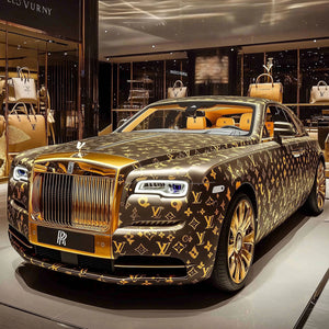 Glasschilderij Goud/zwarte fashion auto LV 80x80 cm