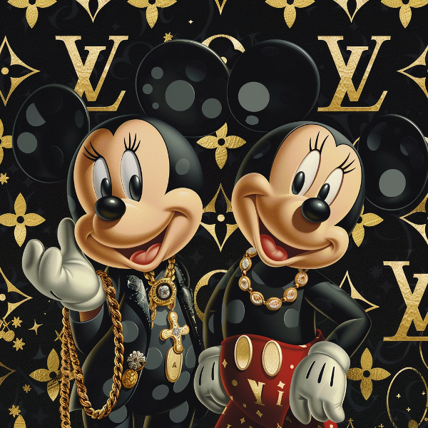 Glasschilderij Mickey & Minnie mouse fashion LV 80x80 cm (Magazijn sale)