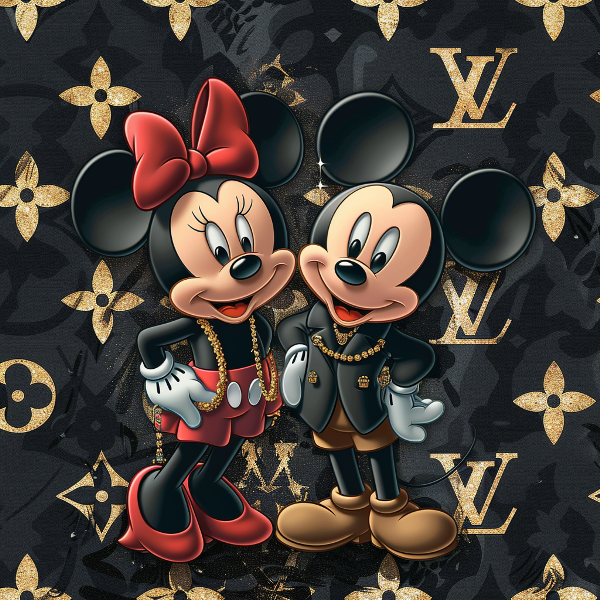 Glasschilderij Mickey & Minnie mouse LV zwart goud 80x80 cm (Magazijn sale)