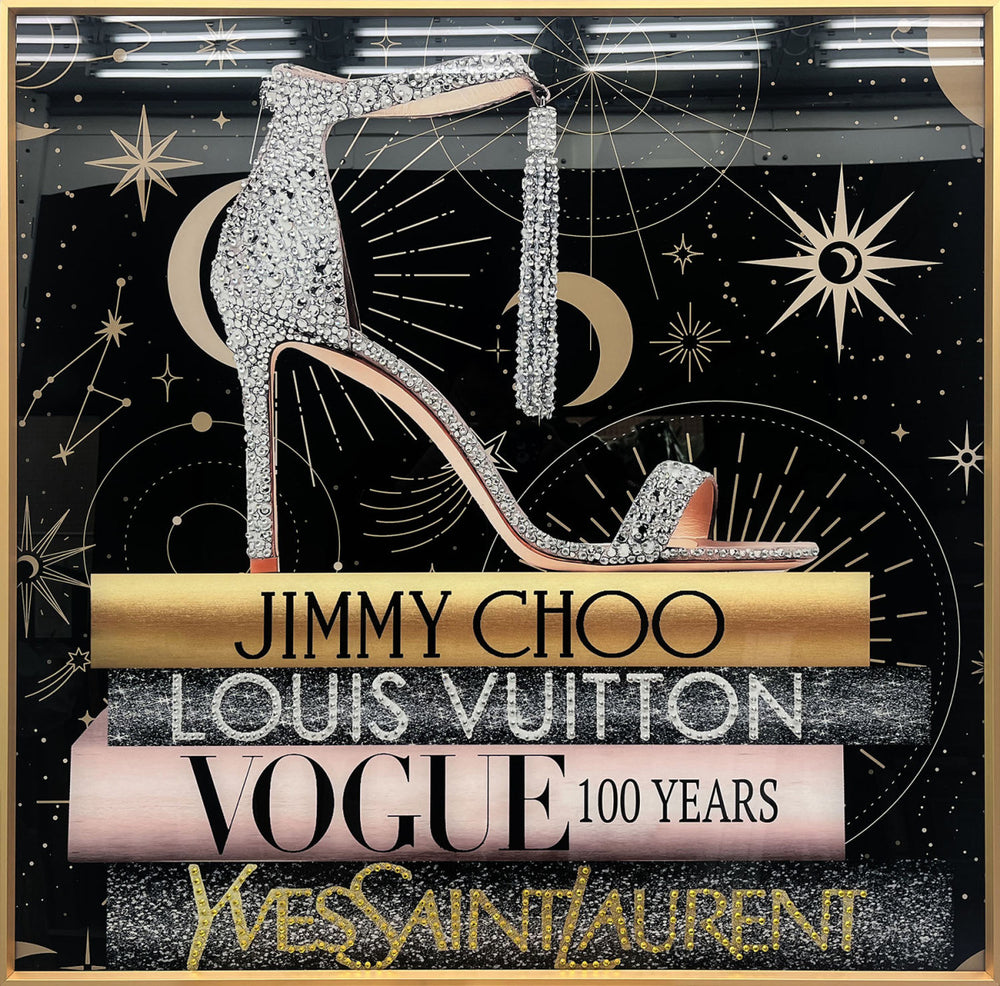 Glasschilderij Hak op fashion boeken met kristallen en lijst 80x80 cm (NIEUW)