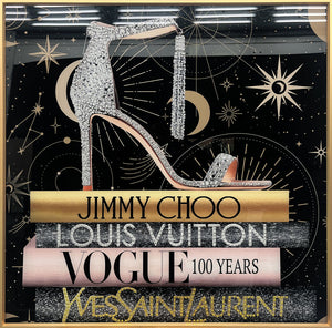 Glasschilderij Hak op fashion boeken met kristallen en lijst 80x80 cm (NIEUW)