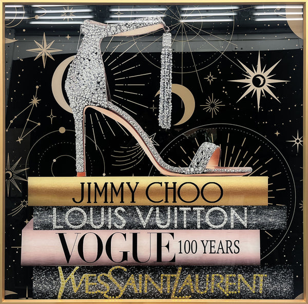 Glasschilderij Hak op fashion boeken met kristallen en lijst 80x80 cm (NIEUW)