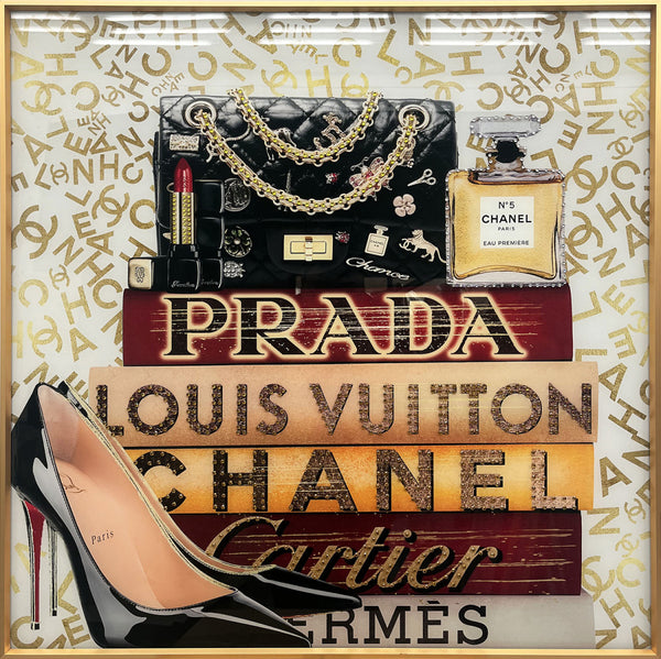 Glasschilderij Tas & parfum op fashion boeken met kristallen en lijst 80x80 cm (NIEUW)