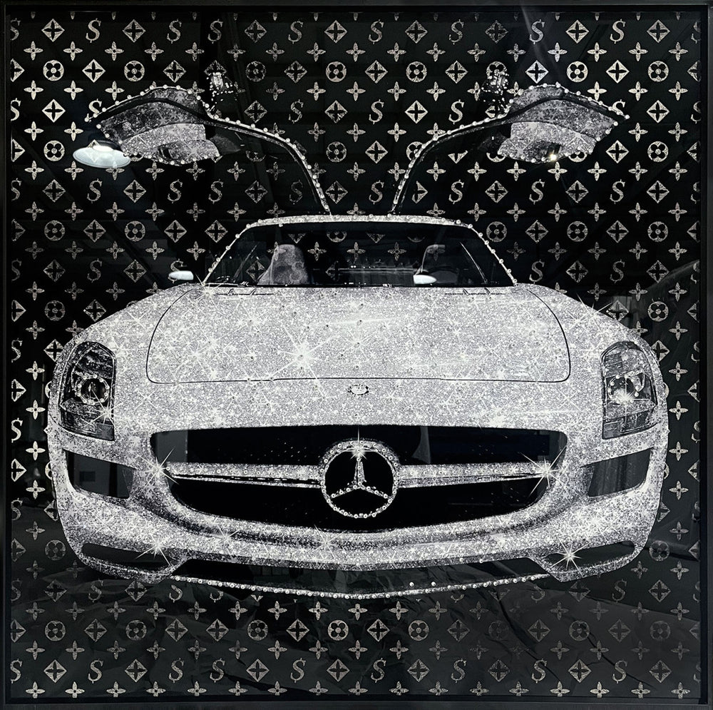 Glasschilderij Fashion auto vliegdeuren met kristallen en lijst 80x80 cm (NIEUW)