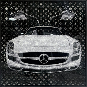 Glasschilderij Fashion auto vliegdeuren met kristallen en lijst 80x80 cm (NIEUW)