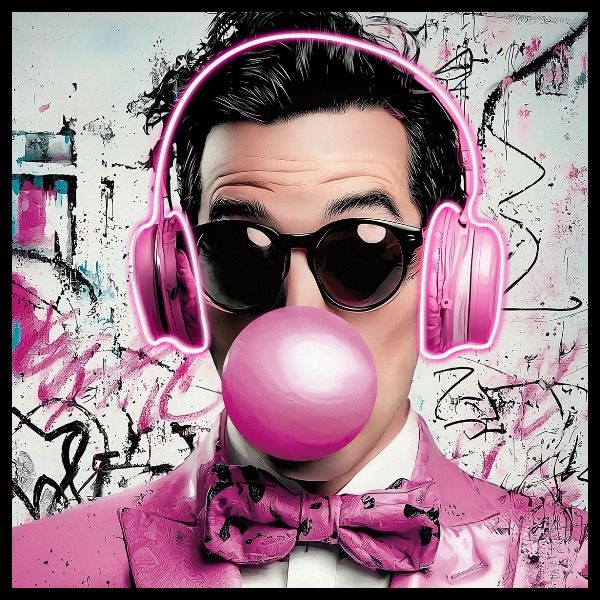 Glasschilderij met ledverlichting - Man roze kauwgombal 80x80 cm