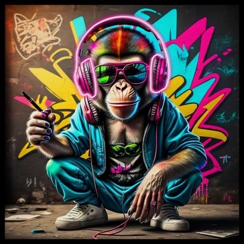 Glasschilderij met ledverlichting - Aap roze led 80x80 cm