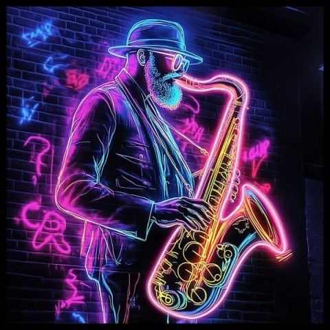 Glasschilderij met ledverlichting - Man met Saxofoon 80x80 cm