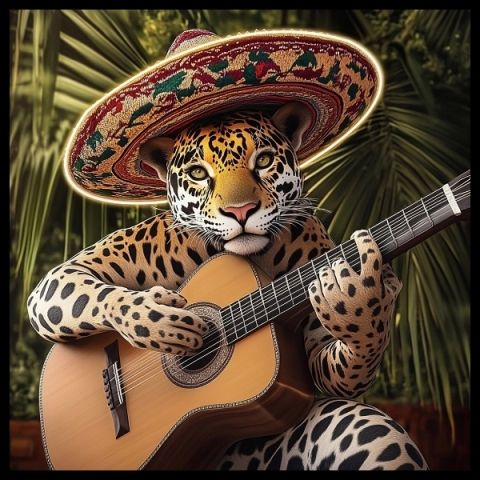 Glasschilderij met ledverlichting - Luipaard met gitaar 80x80 cm