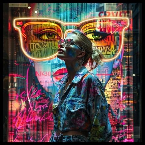 Glasschilderij met ledverlichting - Vrouw met zonnebril 80x80 cm