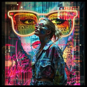 Glasschilderij met ledverlichting - Vrouw met zonnebril 80x80 cm