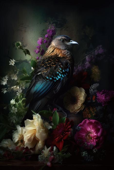 Glasschilderij kleurrijke Vogel & bloemen 80x120 cm