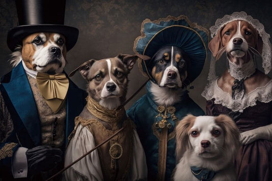 Glasschilderij 5 honden op rij in pak 120x80 cm van Ter Halle