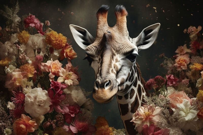 Glasschilderij Giraffe met bloemen 120x80 cm