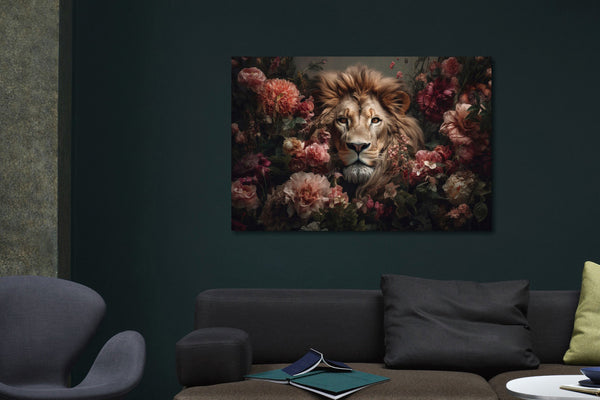 Glasschilderij Leeuw met roze bloemen 120x80 cm