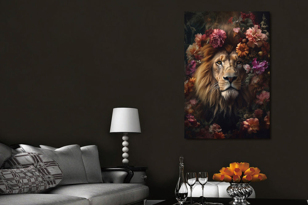 Glasschilderij Leeuw & bloemen 80x120 cm