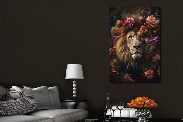 Glasschilderij Leeuw & bloemen 80x120 cm