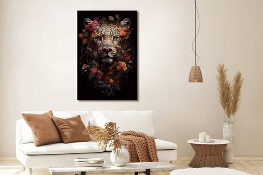 Glasschilderij Luipaard & bloemen 80x120 cm