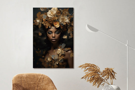 Glasschilderij vrouw/bloemen goud 80x120 cm