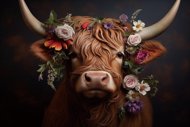 Glasschilderij Koe met bloemen 120x80 cm