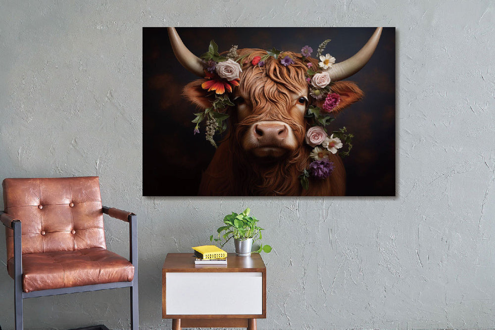 Glasschilderij Koe met bloemen 120x80 cm