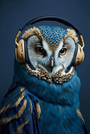 Glasschilderij Blauwe uil met gouden koptelefoon 80x120 cm