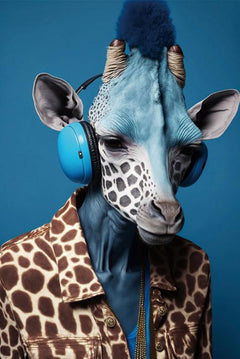 Glasschilderij Giraffe blauwe koptelefoon 80x120 cm
