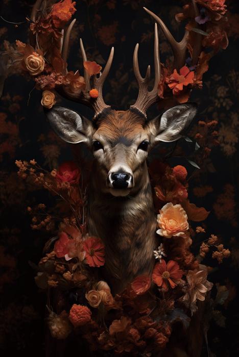 Glasschilderij Hert oranje bloemen zwarte achtergrond 80x120 cm