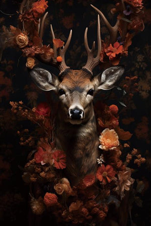 Glasschilderij Hert oranje bloemen zwarte achtergrond 80x120 cm